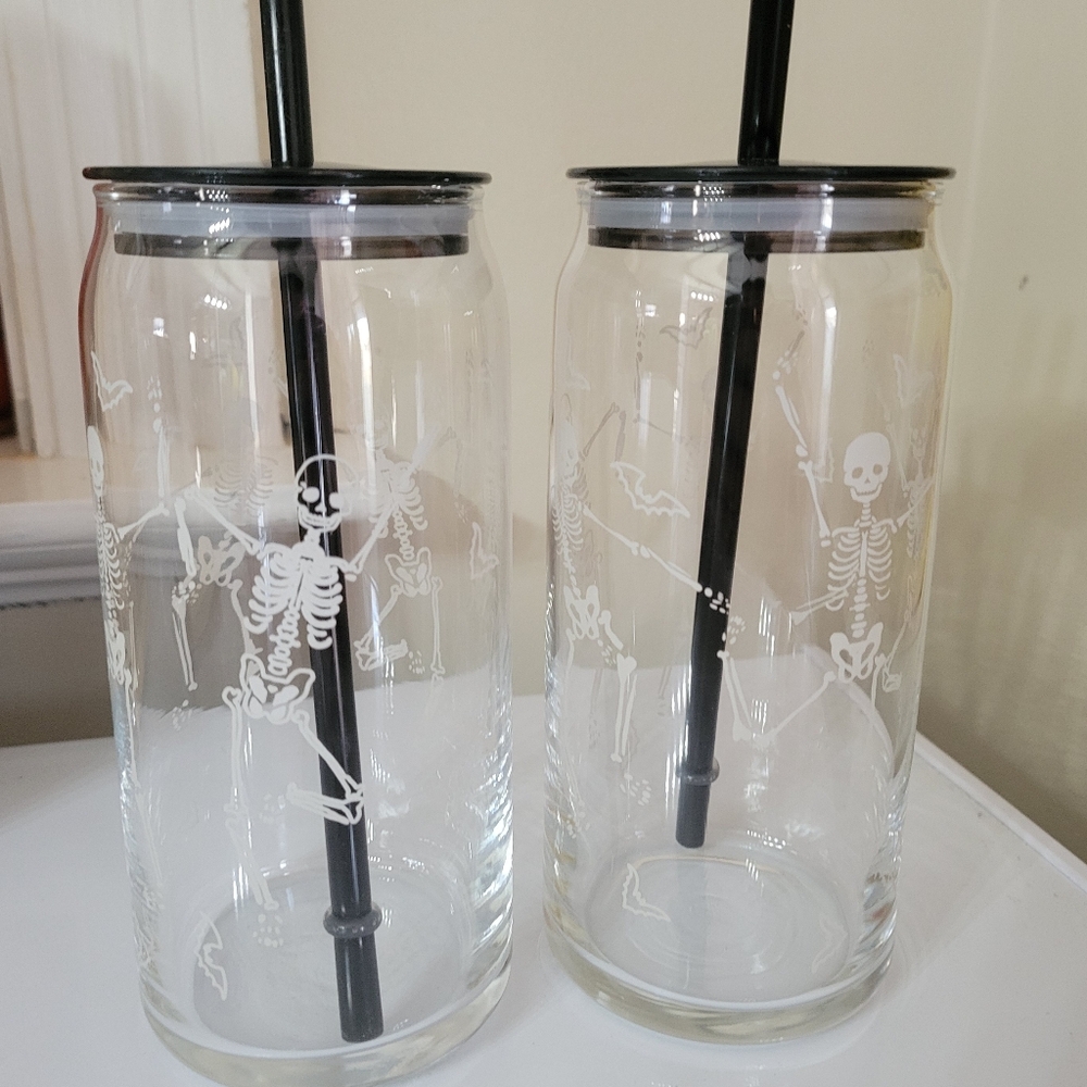 20 oz Glass Sipper Dancing Skeleton-2 Pack